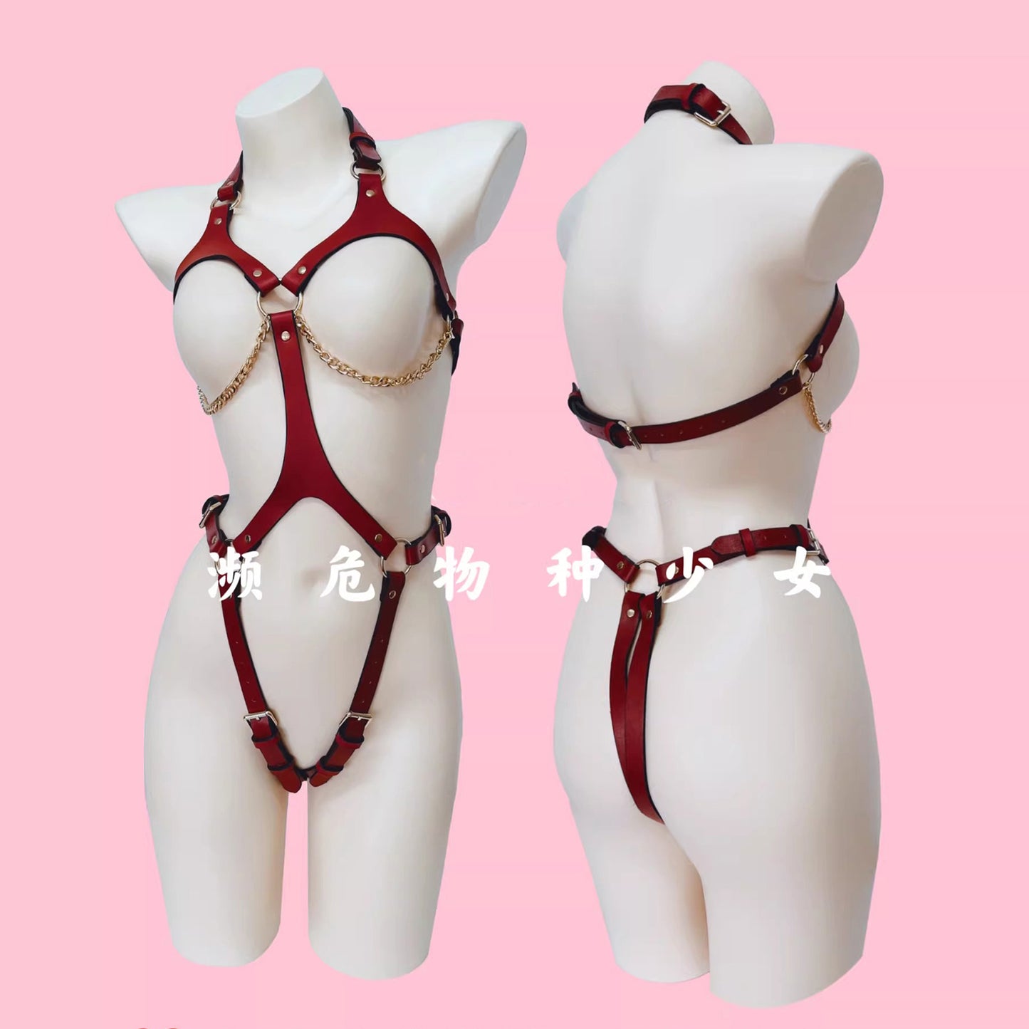 身体のラインを美しく引き立てるレザーボディーハーネス ブラック/ワインレッド【WhiteLia】