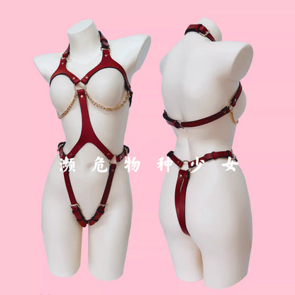 身体のラインを美しく引き立てるレザーボディーハーネス ブラック/ワインレッド【WhiteLia】