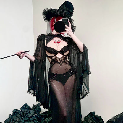 透け透けスパークルメッシュセクシー魔女風ドレスコスプレ マント付き【エビスタジオ】