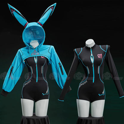 初音ミク風兔耳フードトップ付きのサイバースポーツボディスーツセット【Bbunny】