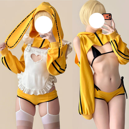 イエローブルマ風うさ耳パーカー×極小マイクロビキニ ハートくり抜きエプロン付き 【エビスタジオ】