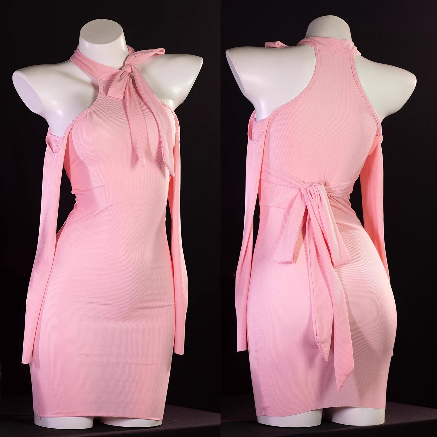 曲線美を極めるフェミニンなホルターネックタイトドレス 水色/レッド/パープル/ピンク【TANG YUAN】