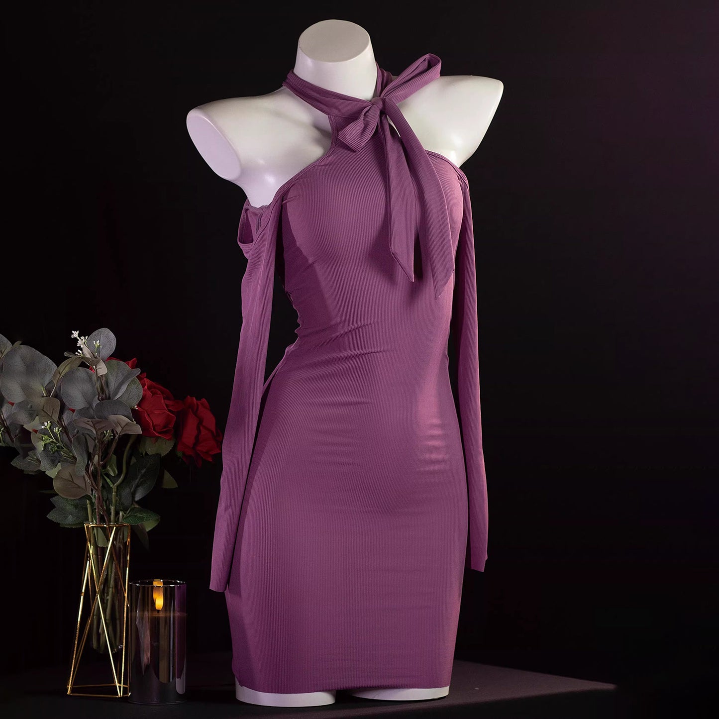 曲線美を極めるフェミニンなホルターネックタイトドレス 水色/レッド/パープル/ピンク【TANG YUAN】
