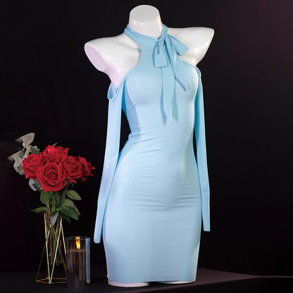 曲線美を極めるフェミニンなホルターネックタイトドレス 水色/レッド/パープル/ピンク【TANG YUAN】