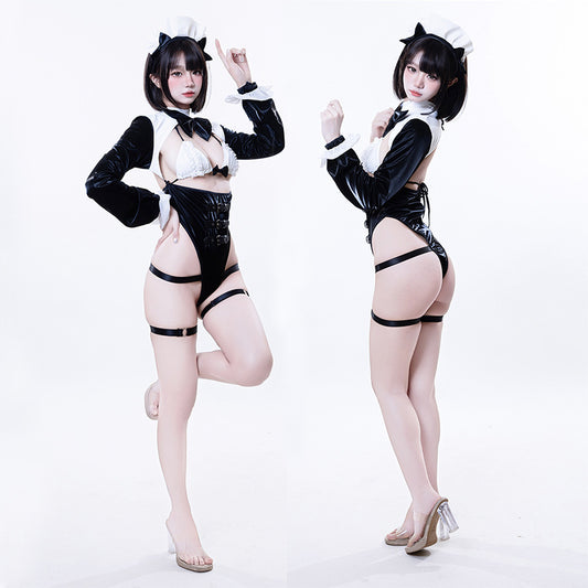 バストオープンハイレグレオタード メイドコスプレ【BOLOLI】