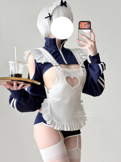 【胸元ハート窓×横乳】ブルマ風スポーティメイドコスプレ5点セット 体型カバー・75kg対応【エビスタジオ】