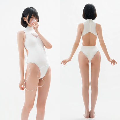 純白ハイネックセクシー超ハイレグ競泳水着 胸元ハートくり抜き 背中全開【得体社】