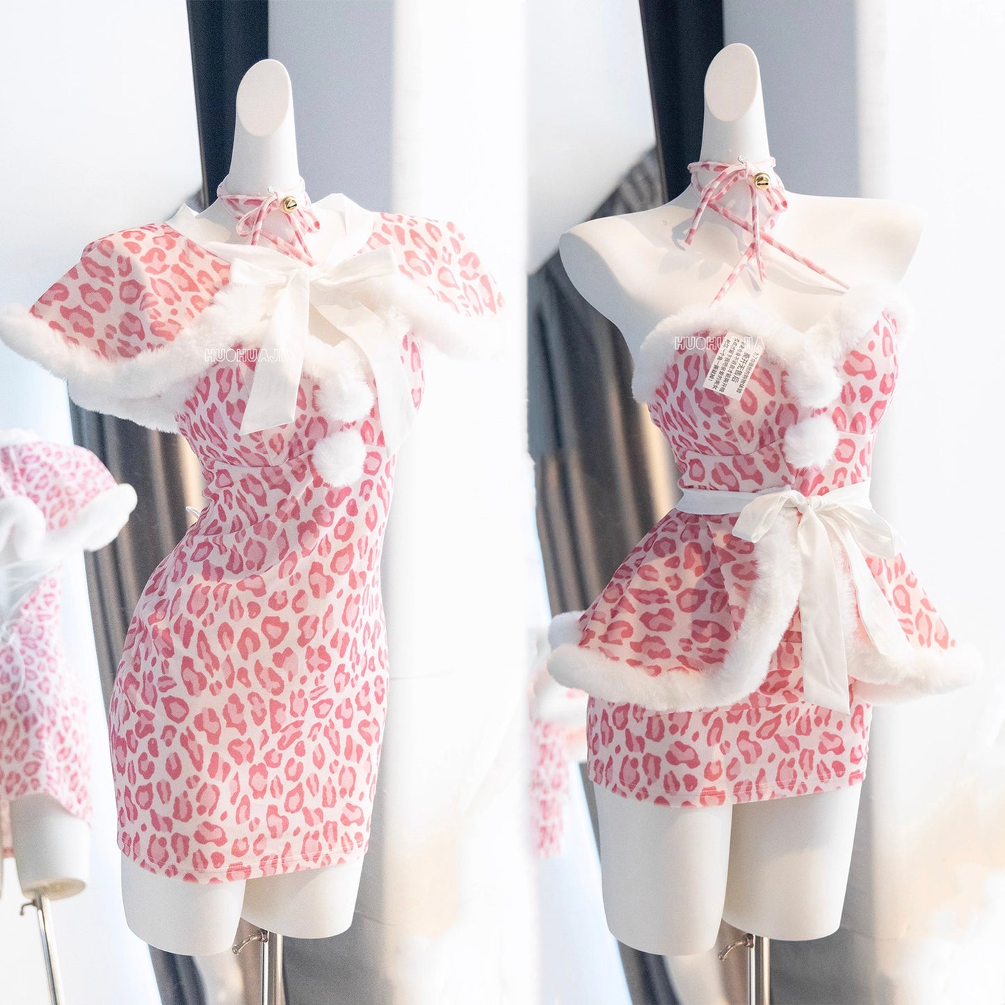 もこもこネコ耳ピンクレオパードセクシーワンピースコスチューム【火華家】