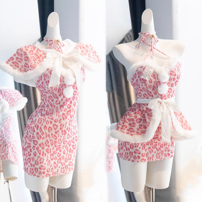 もこもこネコ耳ピンクレオパードセクシーワンピースコスチューム【火華家】