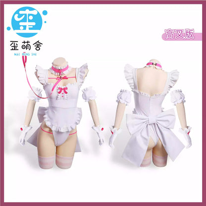 病みかわセクシー地雷系ハイレグメイドレオタードコスプレ7点セット ホワイト 地雷メイド【歪萌舍】