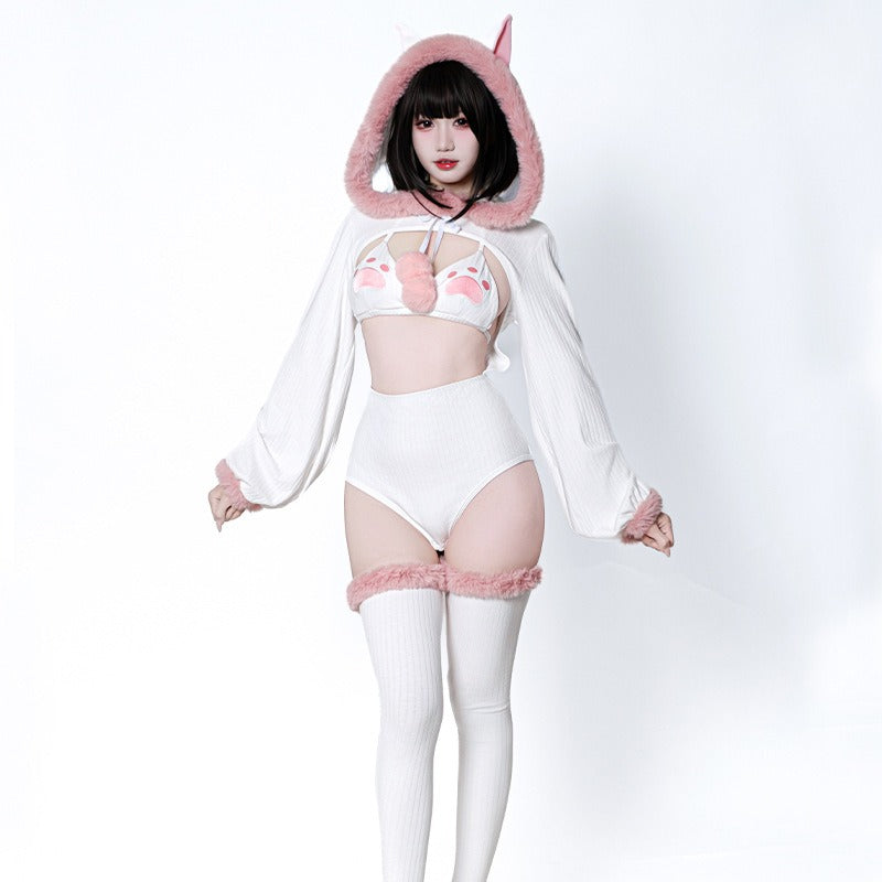 ふわもこネコ耳フード付きセクシーキュートなボディスーツコスチューム 白【BOLOLI】