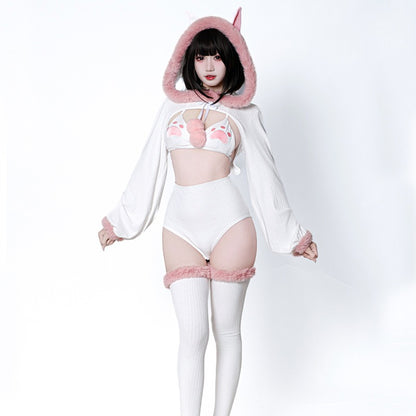 ふわもこネコ耳フード付きセクシーキュートなボディスーツコスチューム 白【BOLOLI】