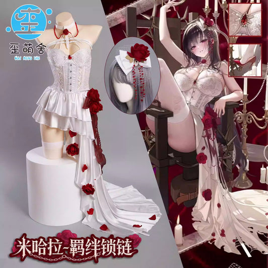 勝利の女神:NIKKE ミハラ華麗なホワイトパーティードレス 花飾りセクシーイブニングドレス【歪萌舍】