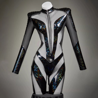幻想的な輝きを放つ透け感メッシュを融合したサイバー風スキンスーツ【Bbunny】