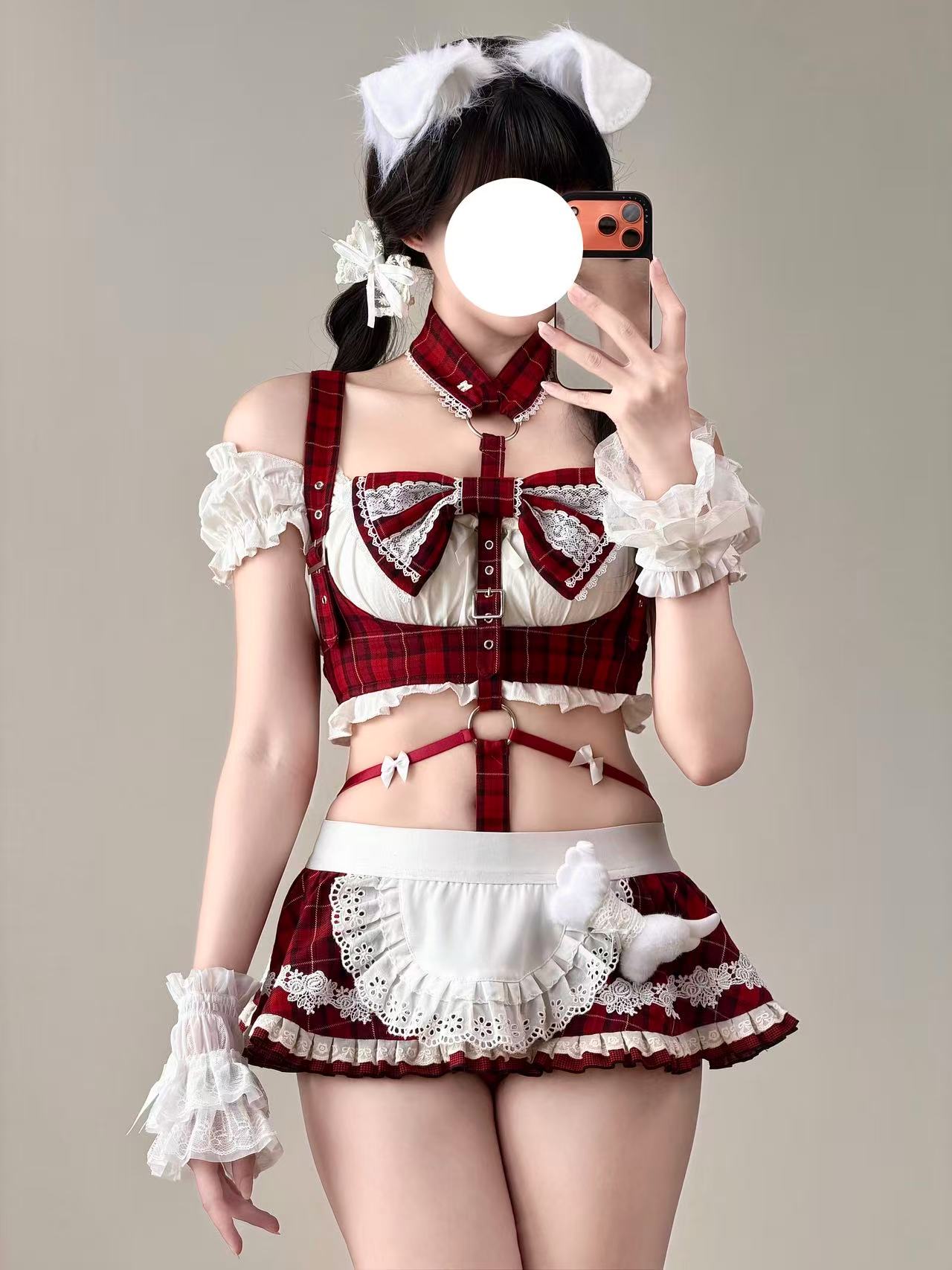 【スカート着脱2Way】赤チェック柄スクール風ハーネスランジェリー フリルエプロン付き 75kg対応【エビスタジオ】