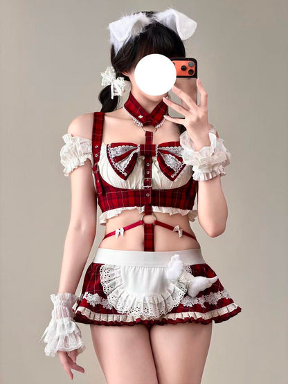 【スカート着脱2Way】赤チェック柄スクール風ハーネスランジェリー フリルエプロン付き 75kg対応【エビスタジオ】
