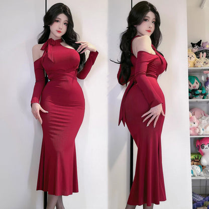 曲線美を極めるフェミニンなホルターネックタイトドレス 水色/レッド/パープル/ピンク【TANG YUAN】