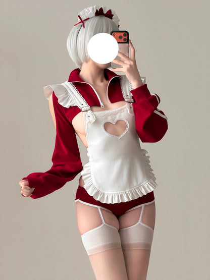 ブルマ風スポーティメイドコスプレ5点セット ワインレッド  体型カバー・75kg対応【エビスタジオ】