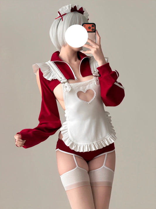 ブルマ風スポーティメイドコスプレ5点セット ワインレッド  体型カバー・75kg対応【エビスタジオ】