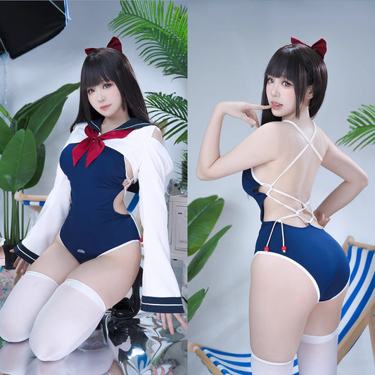 セーラー風トップスとハイレグスクール水着2点セット【得体社】
