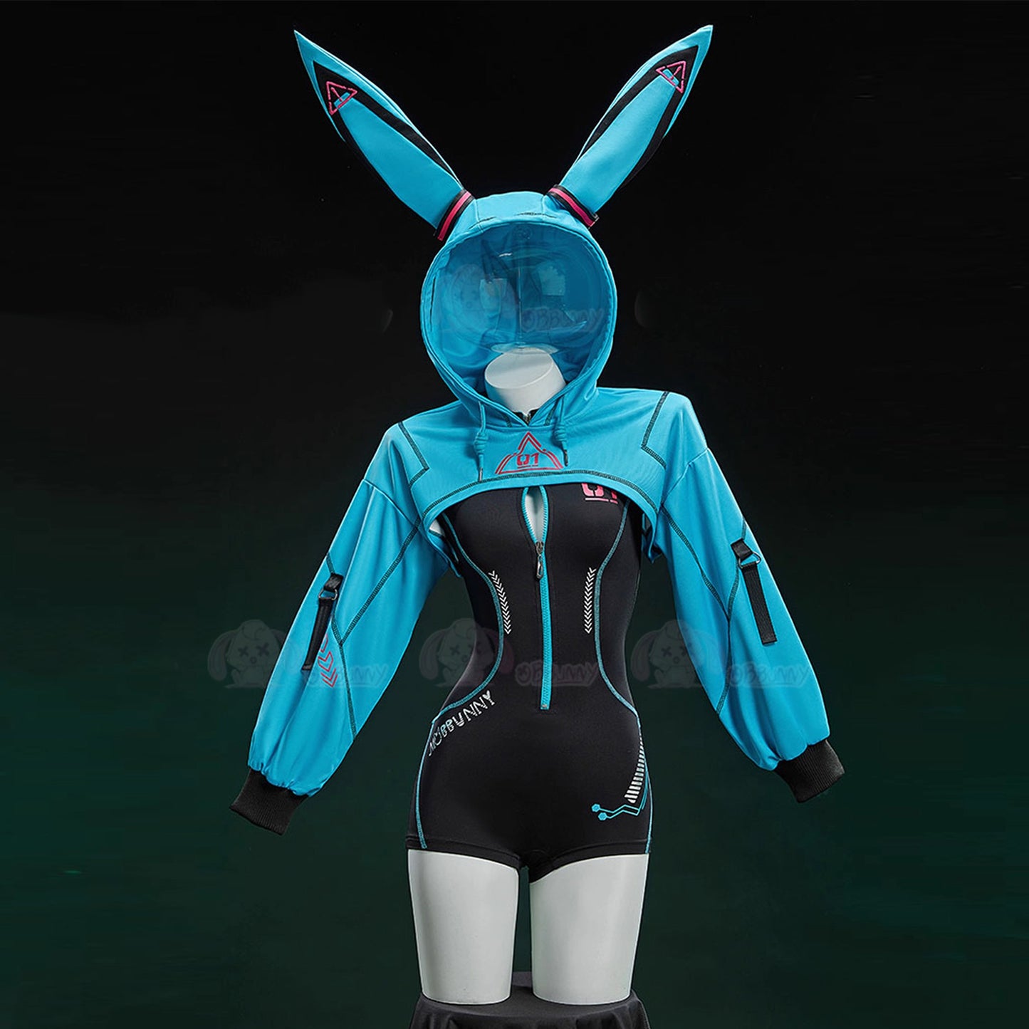 初音ミク風兔耳フードトップ付きのサイバースポーツボディスーツセット【Bbunny】