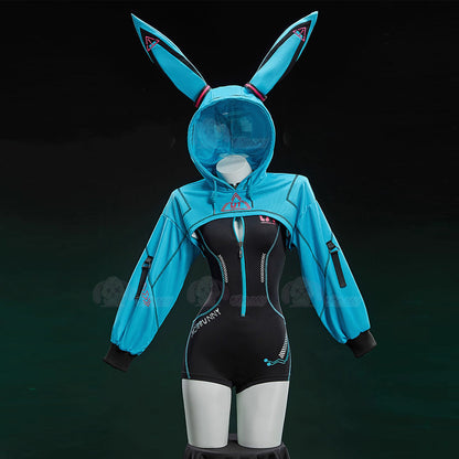 初音ミク風兔耳フードトップ付きのサイバースポーツボディスーツセット【Bbunny】