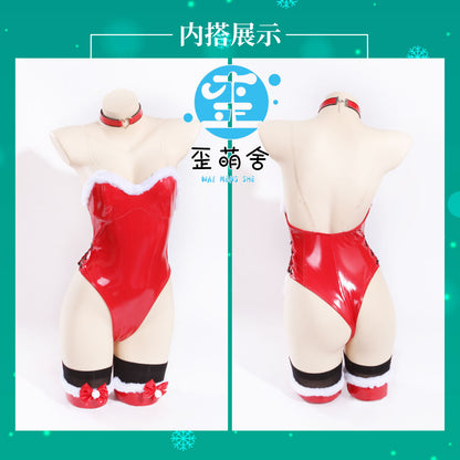 艶やかなエナメルハイレグレオタードサンタガールコスプレ マント付き ボンデージストラップ【歪萌舍】