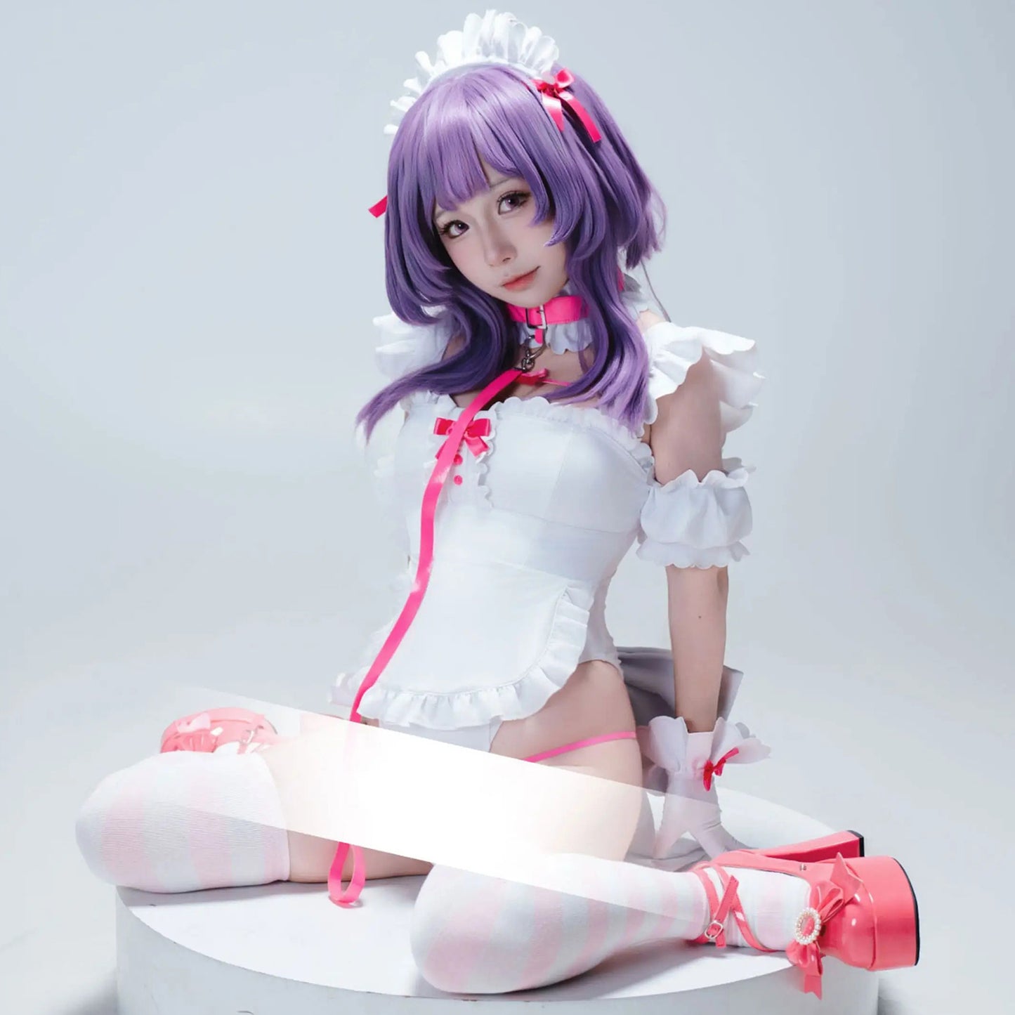 【予約】病みかわセクシー地雷系ハイレグメイドレオタードコスプレ7点セット ホワイト 地雷メイド【歪萌舍】