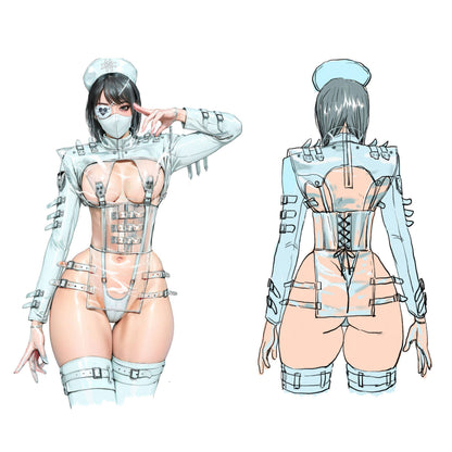 黒暗王朝 ホワイトエナメルセクシーナースコスプレ クリアコルセット付き【歪萌舍】