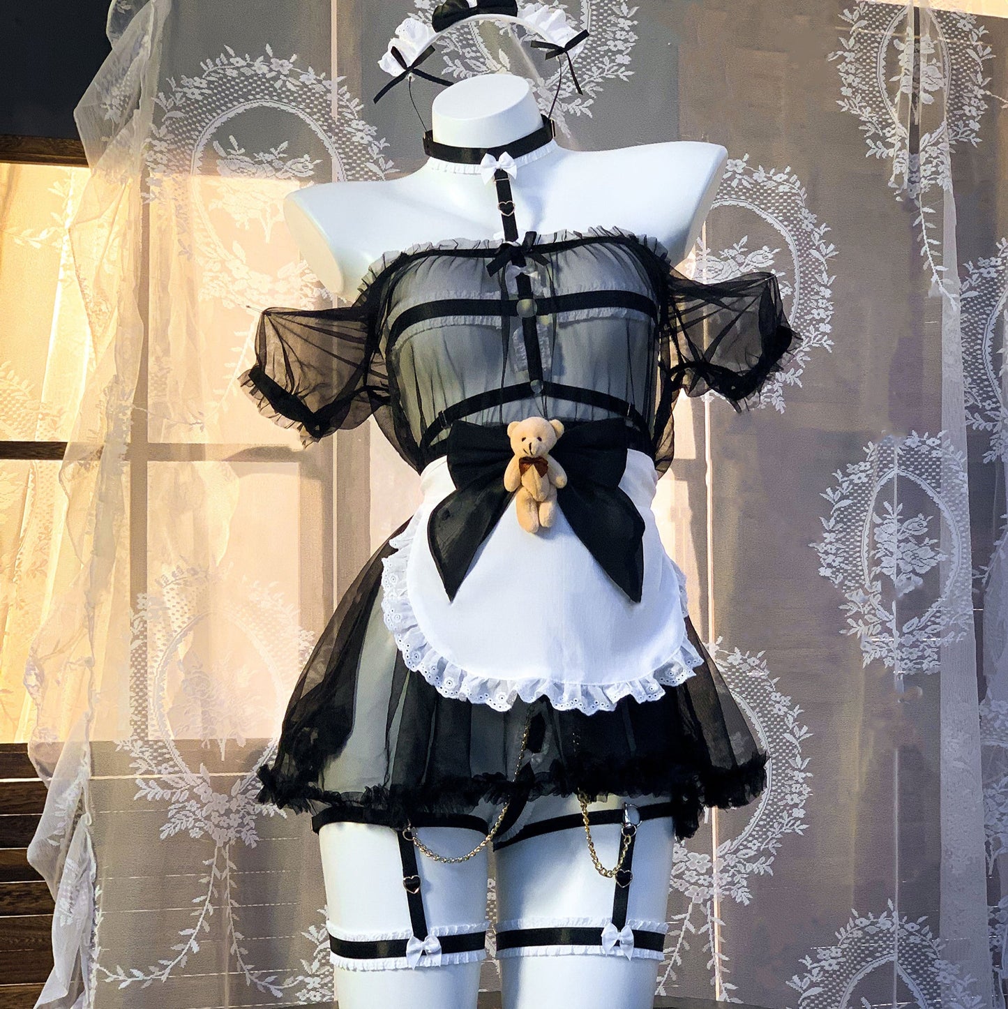 透け感がある可愛いくまハーネスメイドコスプレセット ブラック【エビスタジオ】