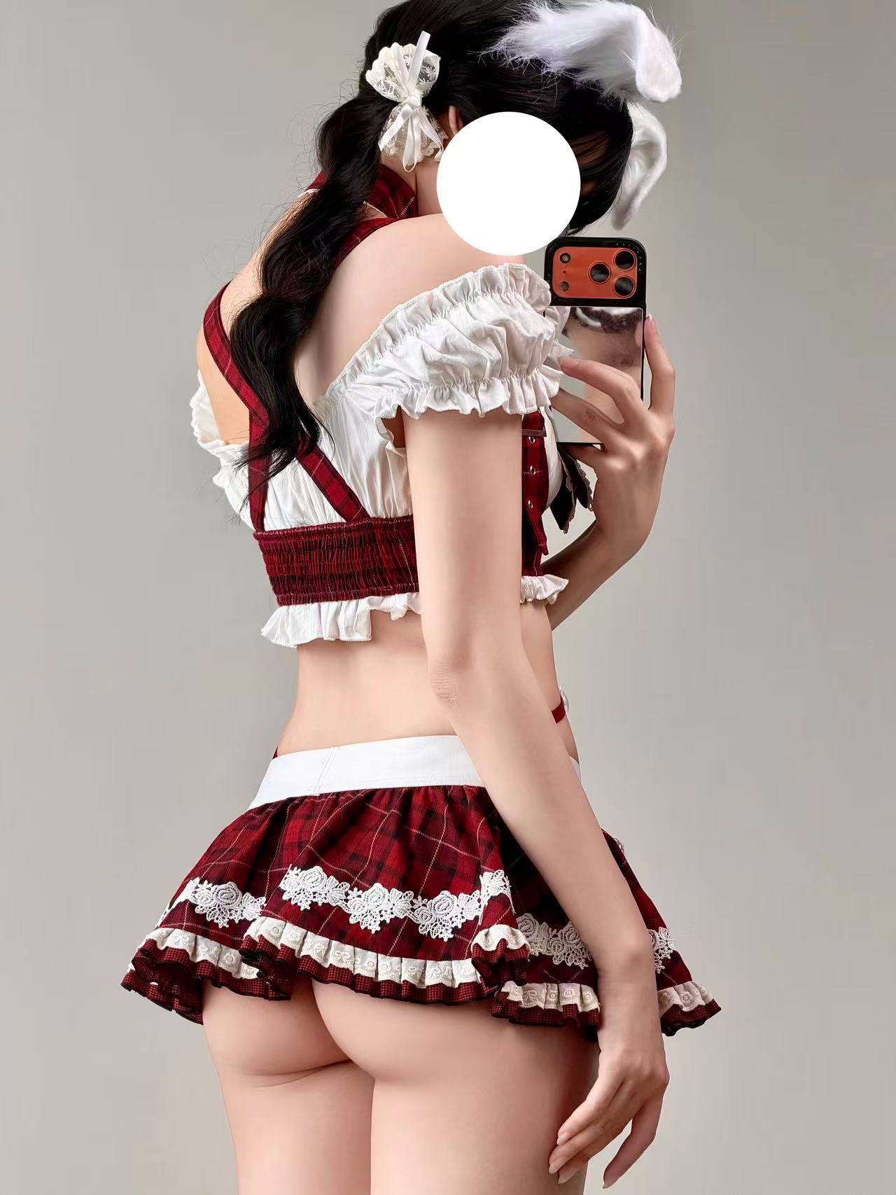 【スカート着脱2Way】赤チェック柄スクール風ハーネスランジェリー フリルエプロン付き 75kg対応【エビスタジオ】
