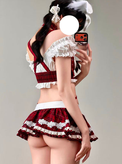 【スカート着脱2Way】赤チェック柄スクール風ハーネスランジェリー フリルエプロン付き 75kg対応【エビスタジオ】
