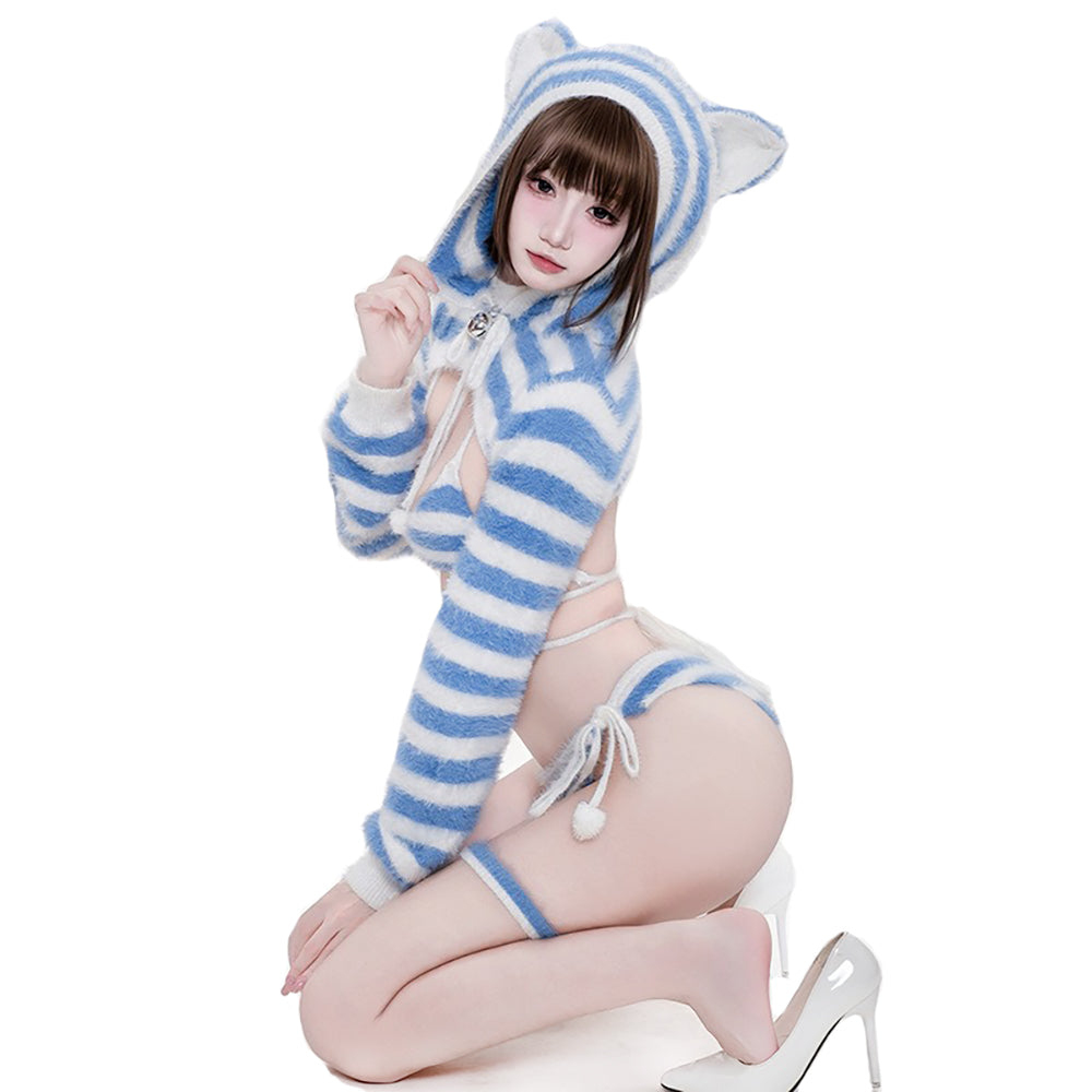 ふわもこボーダー柄にゃんこファービキニセット 猫耳フード付き ブルー【BOLOLI】