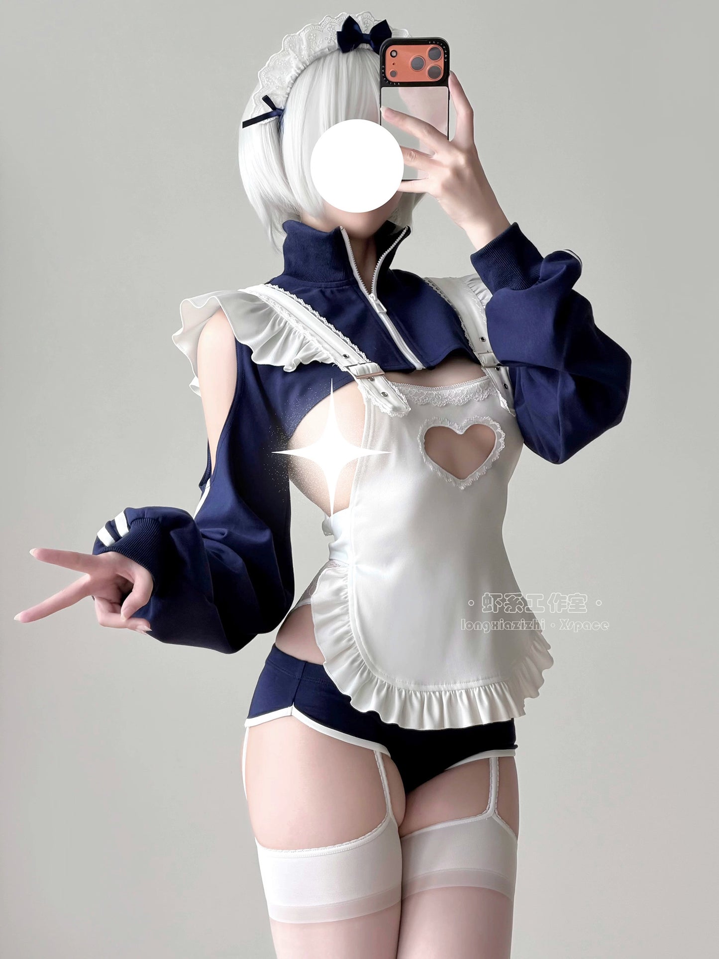【胸元ハート窓×横乳】ブルマ風スポーティメイドコスプレ5点セット 体型カバー・75kg対応【エビスタジオ】