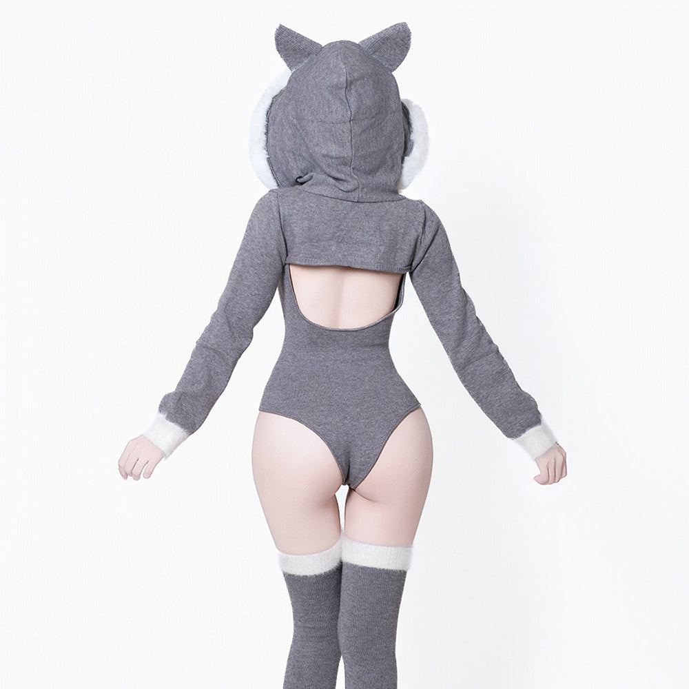 可愛い冬のグレーふわもこニットパーカーレオタード4点セット【BOLOLI】