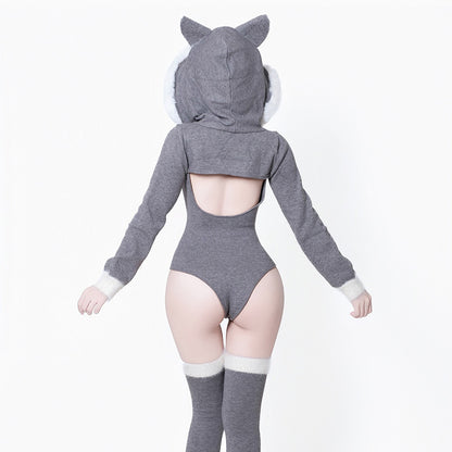 可愛い冬のグレーふわもこニットパーカーレオタード4点セット【BOLOLI】