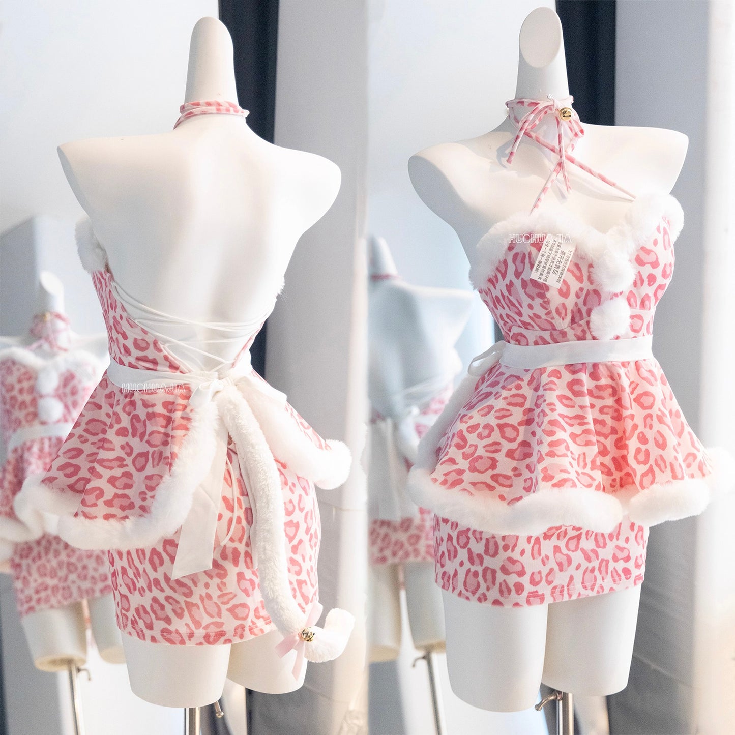 もこもこネコ耳ピンクレオパードセクシーワンピースコスチューム【火華家】