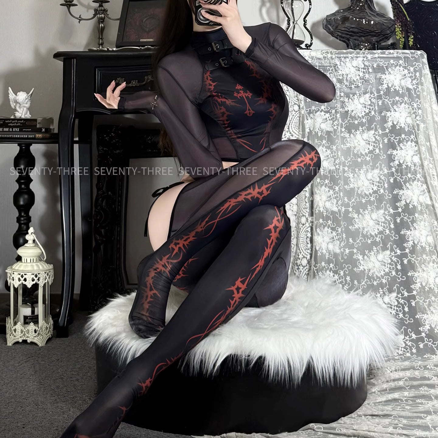 ダークゴシック風セクシーセパレート透け感メッシュボディスーツ