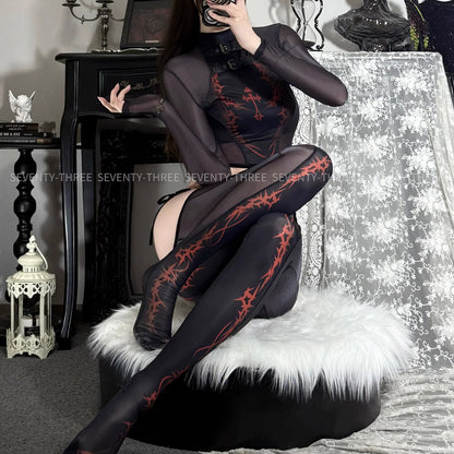 ダークゴシック風セクシーセパレート透け感メッシュボディスーツ