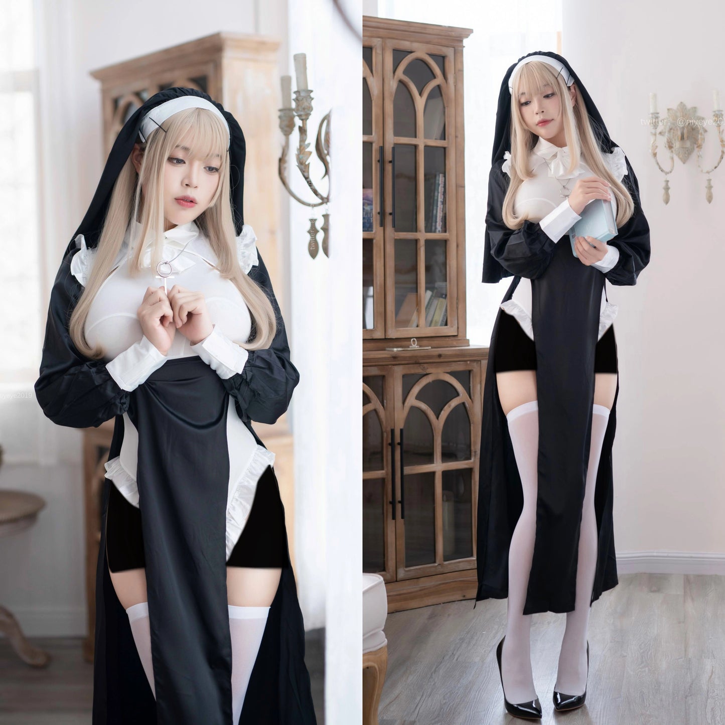 【2025年新バージョン】深めスリットセクシーレオタードシスターコスプレ 修道女コスプレ【火華家】