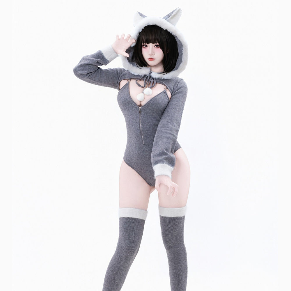 可愛い冬のグレーふわもこニットパーカーレオタード4点セット【BOLOLI】