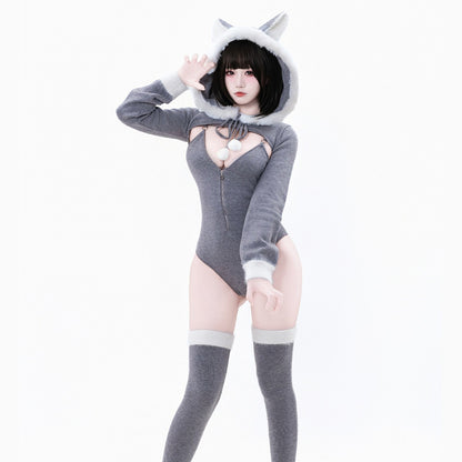 可愛い冬のグレーふわもこニットパーカーレオタード4点セット【BOLOLI】