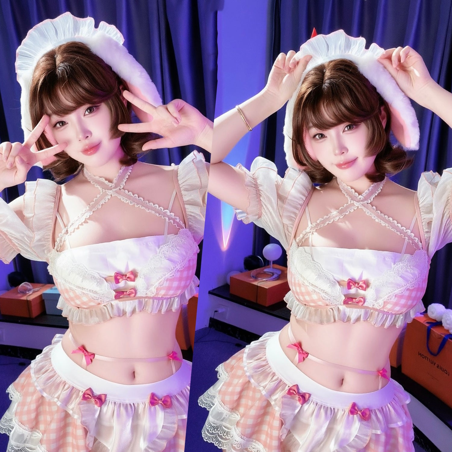 森ガール風 チェック柄 メイド服 萌えコスプレ エロ可愛い バニーガール コスチューム 2WAY スタイルアップ