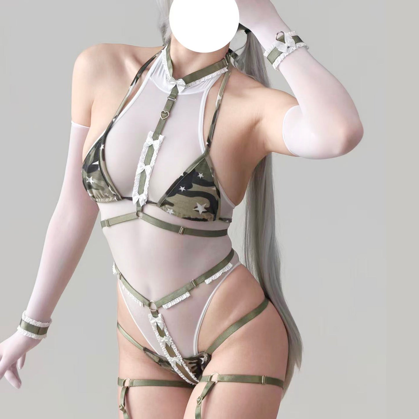 セクシーな迷彩柄ハーネスランジェリー豪華セット シースルーインナー付き【エビスタジオ】