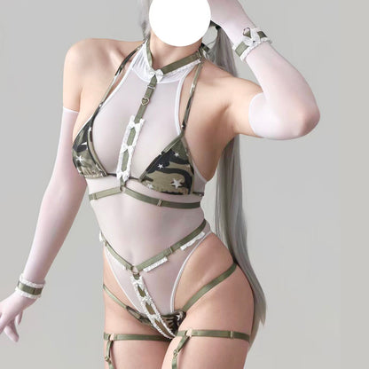 セクシーな迷彩柄ハーネスランジェリー豪華セット シースルーインナー付き【エビスタジオ】