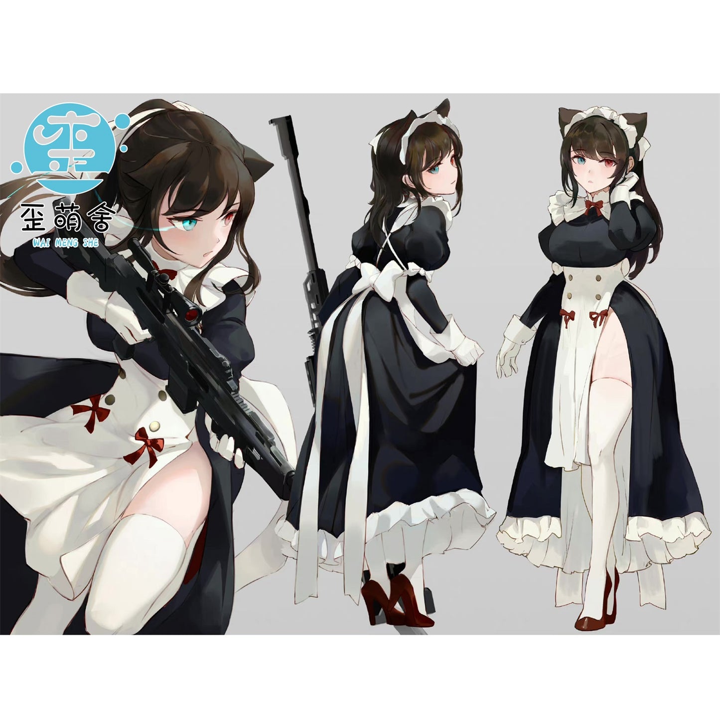 フロントオープン可愛い猫娘ロングメイドコスプレ 猫耳付き【歪萌舍】