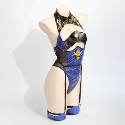 青いドラゴンガールエナメルレオタードコスプレ 肩掛け付き【歪萌舍】