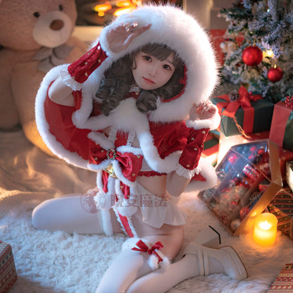 【数量限定販売】ふわふわ可愛いマント付きセクシー帯状レオタードサンタコスプレ クリスマスコスチューム【晩安魔法】