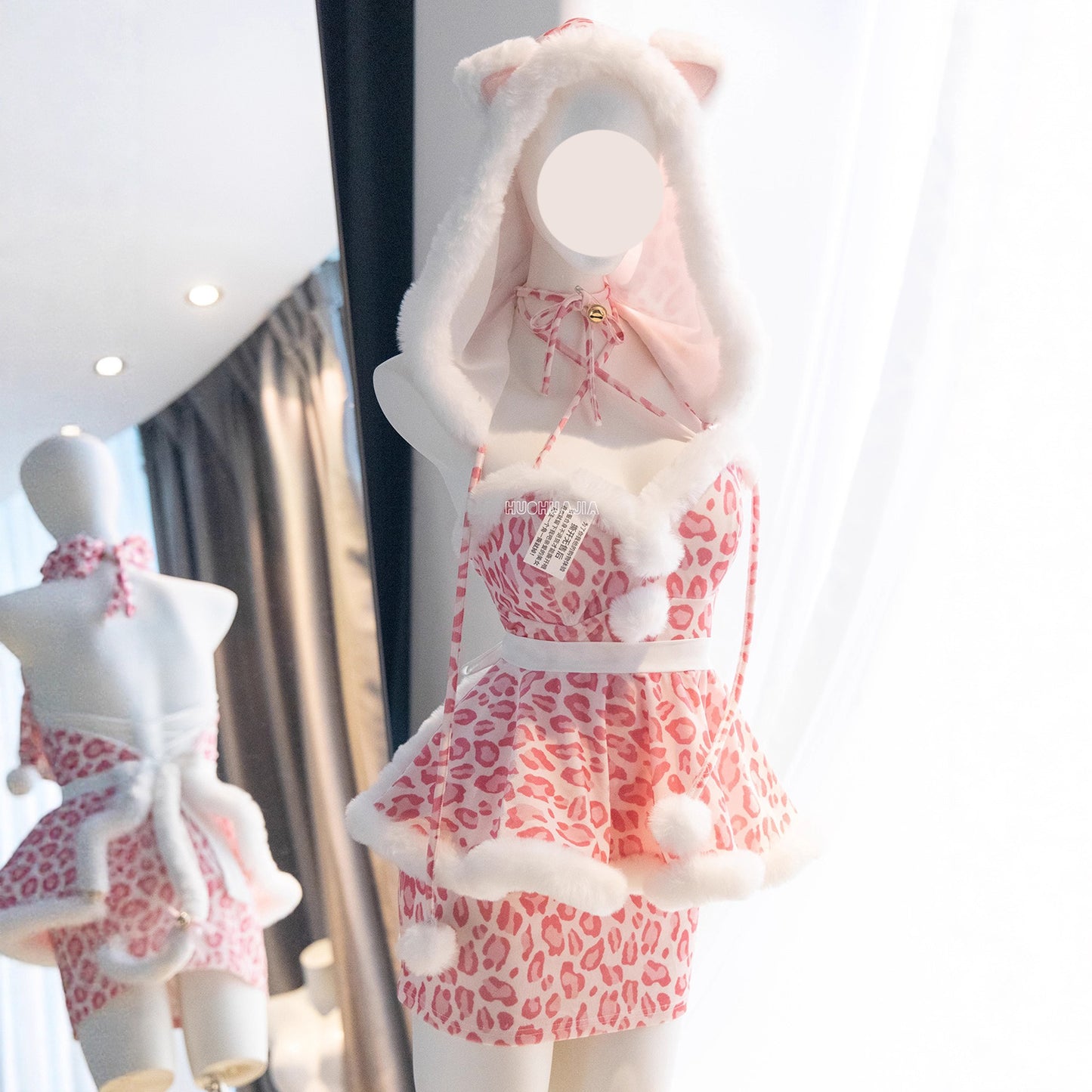 もこもこネコ耳ピンクレオパードセクシーワンピースコスチューム【火華家】