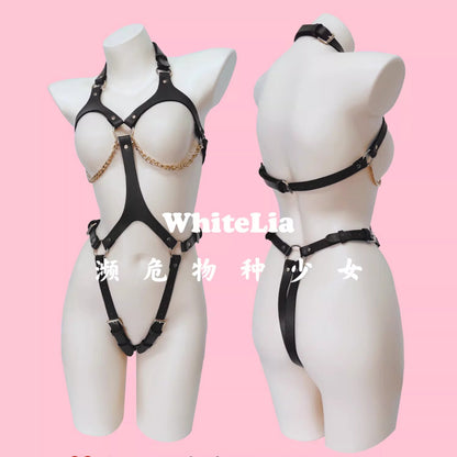 身体のラインを美しく引き立てるレザーボディーハーネス ブラック/ワインレッド【WhiteLia】